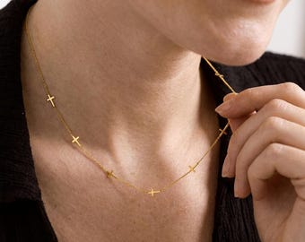 Gold Cross Station Necklace, Minimalist Christian Jewelry, Baptism Confirmation Gift for Her