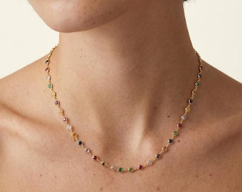 Colorful Gemstone Necklace, Dainty Gold Multicolor Stone Necklace,  18K Gold Plated Rainbow Jewelry, Christmas Gift