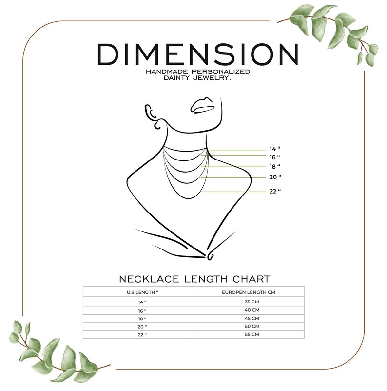 Op de afbeelding: Een halskettinglengtekaart met een lijntekening van een nek en borst, met halskettinglengtes van 14 inch tot 22 inch. De kaart bevat ook de equivalente Europese lengtes in centimeters.