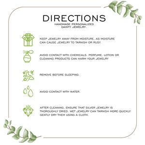 May include: White background with green watercolor eucalyptus leaves and a brown border. The text reads "DIRECTIONS" and "HANDMADE PERSONALIZED DAINTY JEWELRY." Instructions include avoiding moisture, chemicals, and water, and removing jewelry before sleeping.