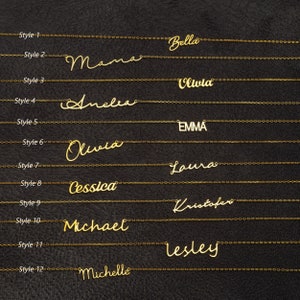 May include: Twelve different styles of gold necklaces with various names written in cursive script. The names include Bella, Mama, Olivia, Amelia, Emma, Laura, Jessica, Kristofer, Michael, Lesley, and Michelle.