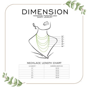 May include: A necklace length chart with the text "DIMENSION HANDMADE PERSONALIZED DAINTY JEWELRY." The chart shows necklace lengths from 12 inches to 22 inches, with corresponding European lengths in centimeters.