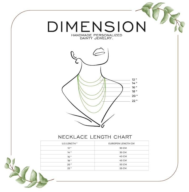 May include: A necklace length chart with the text "DIMENSION HANDMADE PERSONALIZED DAINTY JEWELRY." The chart shows necklace lengths from 12 inches to 22 inches, with corresponding European lengths in centimeters.