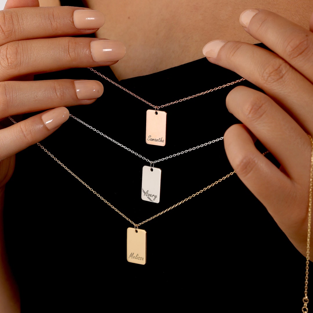 18k Gold Engraved Name Necklace, Elegant Name Necklace on a Bar, Silver