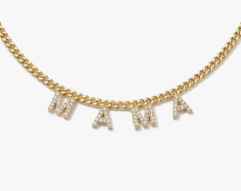 18k Gold Pave Mama Necklace, Personalized Mom Jewelry, New Mom Gift, Gift for Mother, Birthday Gift for Mom