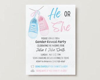 Sneaker Gender Reveal Invitation: He or She, Editable Canva Template (Digital Download