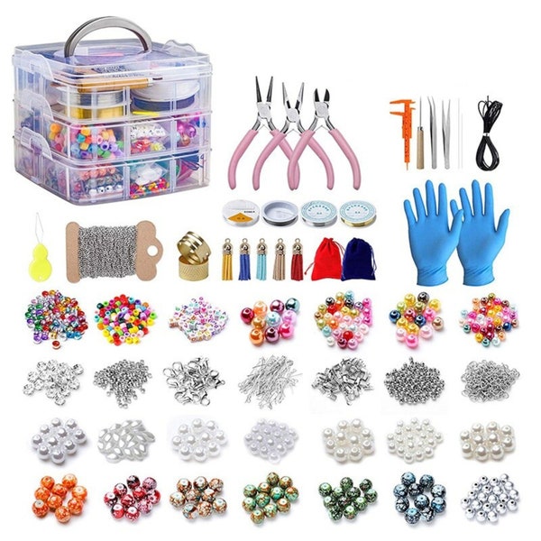 Kit de fabrication de bijoux avec perles ,1300 pièces, pinces à bijoux, fil perlé, boîte de rangement, collier, bracelet, boucles d'oreilles