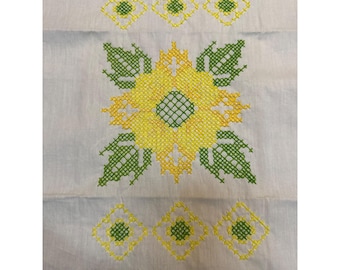 Set Of 2 Handcrafted Embroidered Sunflower Cotton Table Runners 19x33 Inches Yellow & Green Design