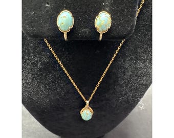 Vintage 12K Gold-Filled Necklace Screwback Earrings Set Turquoise Cabochon Accents