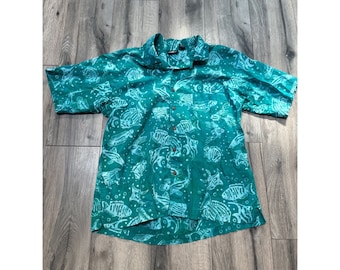 White Sierra Men's Hawaiiian Fish Print Short Sleeve Shirt M Green Teal