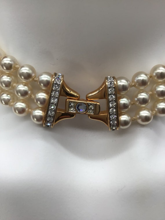 Triple Strand Pearls with Central Gold Tone Squar… - image 3