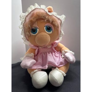 Vintage Baby Miss Piggy Plush Doll 10&quot; Pink Dress & Bonnet Stuffed Toy Jim Henson Muppets Collectible