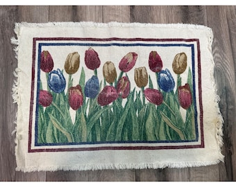 Vintage Tulip Pattern Fringed placemats Set Of 4 Woven Cotton Floral Design Multicolor