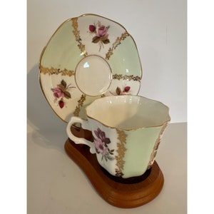 Royal Grafton Fine Bone China Roses Mint Green Tea Cup Saucer Set - Floral Gold Trim