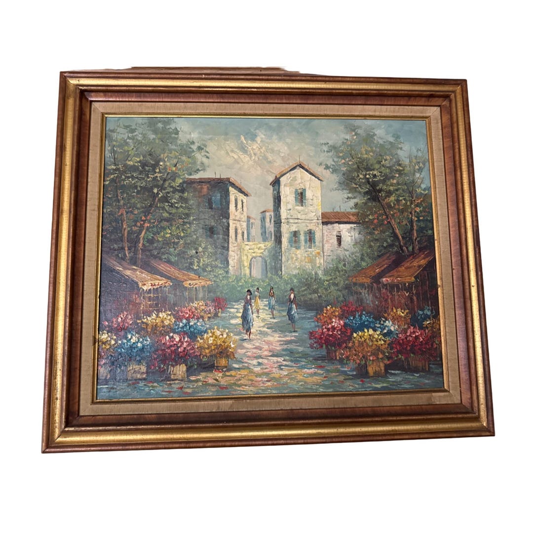 Signed Randoni Oil Painting of Market Scene in Ornate Gold Wood Frame ...
