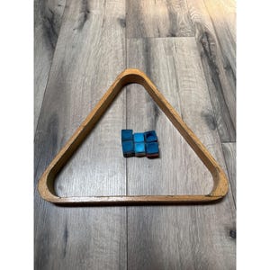 Vintage Wooden Pool Triangle Rack W/ 6 Assorted Blue Cue USA Chalks By EastPoint Tweeter Quest