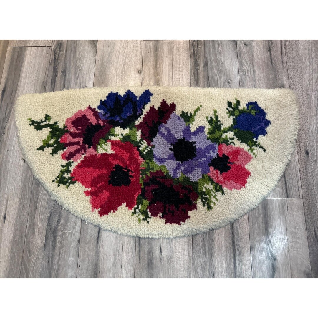 Red Moon Rug Vintage Floral Wool Half-moon Rug With Bold Red Purple Anemone Design ...