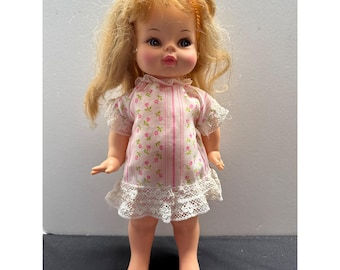 Vintage Horseman Blonde Baby Doll With Lace Dress & Pink Rosebud Floral Print