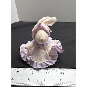 Vintage Russ Berrie Mini Bunny Plush Doll With Purple Polka Dot Dress & Bonnet 3.5" Collectible
