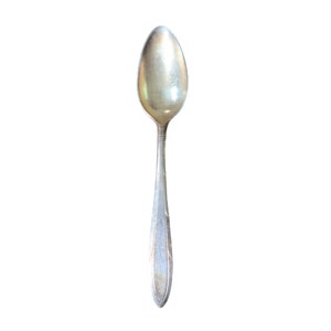 May include: A silver spoon with an oval bowl and a long, slender handle. The spoon has a simple, elegant design, with a slight curve to the handle and a decorative element near the bowl. The spoon is made of a shiny, reflective metal.
