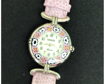 Venice Murano Art & Glass Gold Plated Ladies Pink Leather