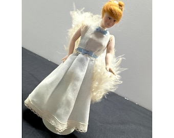 Vintage Porcelain Angel Doll With White Feather Wings & Lace Dress