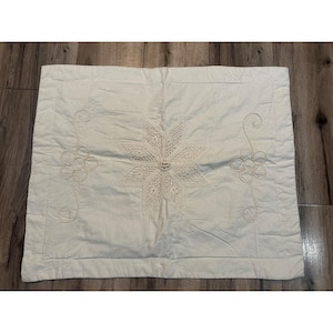 Vintage White Embroidered Lace Pillow Cover Sham  25&quot; X 18&quot; With Floral Design