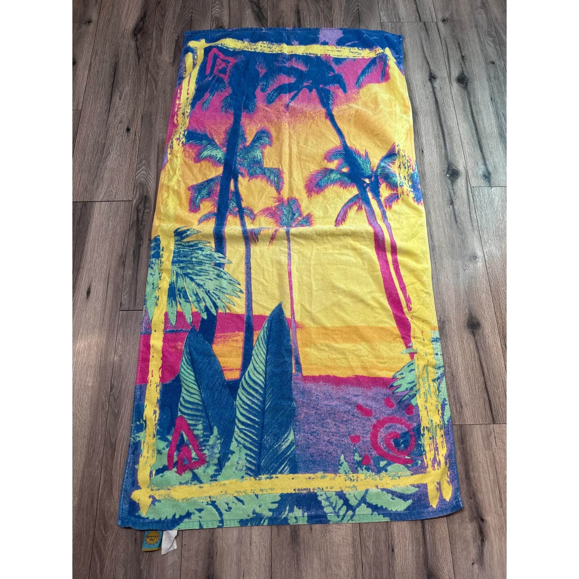Tropical Beach Scene Cotton Towel Featuring Vibrant Sunset & Palm Trees Design 60" x 30" By Summer Up