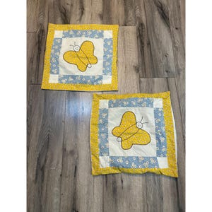 Vintage Handmade Butterfly Quilt Block Pillow Covers 16&quot; x 16&quot; - Set Of 2 Yellow Blue
