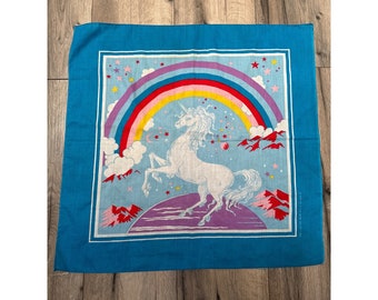 Vintage Poly/Cotton Unicorn Rainbow Print Fabric Square bandanna Made In USA