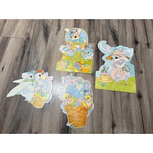 Vintage gestanste paasdecoraties set van 4 met konijntjes, kuikens en gans