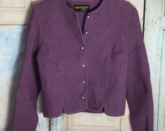 Geiger Of Austria Womans 40 MED Purple Boiled Wool Tyrol Vintage Sweater Blazer Jacket Small Flaw
