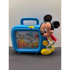Disney Vintage Mickey Mouse Musical Scrolling Blue TV Wind Up Mickey Goofy Minnie