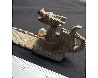 Sunglo Denicolo Pewter Dragon Holding Crystal Style Ball Mythical Incense Holder USA 1997