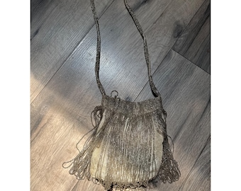 Vintage Walborg Flapper Silver Gray Beaded Evening Bag With Fringe & Strap