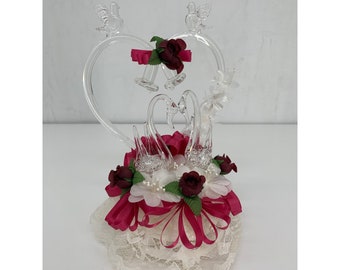 Vintage Blown Glass Wedding Cake Topper Heart Swans Bells and Birds White Maroon