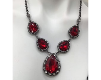 Teardrop Red Crystal Statement Necklace With Rhinestone Accents And Silver-Tone Chain