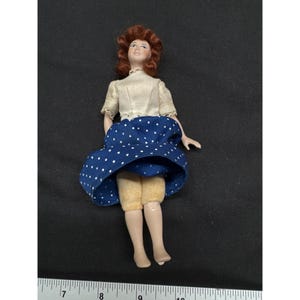 Vintage Porcelain Doll With Red Hair & Polka Dot Skirt