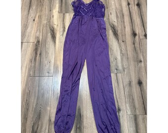 Vintage Purple Lace & Satin Womens Jumpsuit Medium Shadowline Wear Delicate Sleeveless Design Elegant Nightwear Or Loungewear