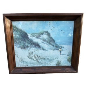 Litografía enmarcada de A. Sehring, escena de playa con paisaje marino vintage, 19 x 22 pulgadas