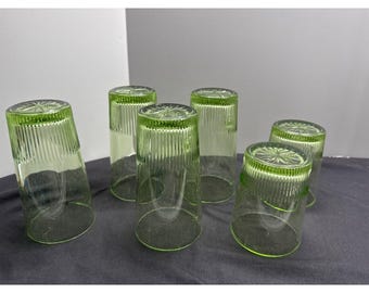 Juego de 6 vasos de vidrio acanalado VTG GRN Depression, sin brillo, altos, estilo antiguo