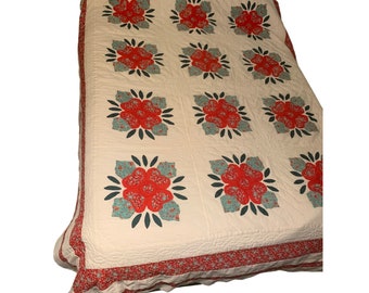 Vintage Lancaster Country Rose Applique  Hand Sewn Quilt 90 x 70 Full Queen Red Green on Ivory White READ