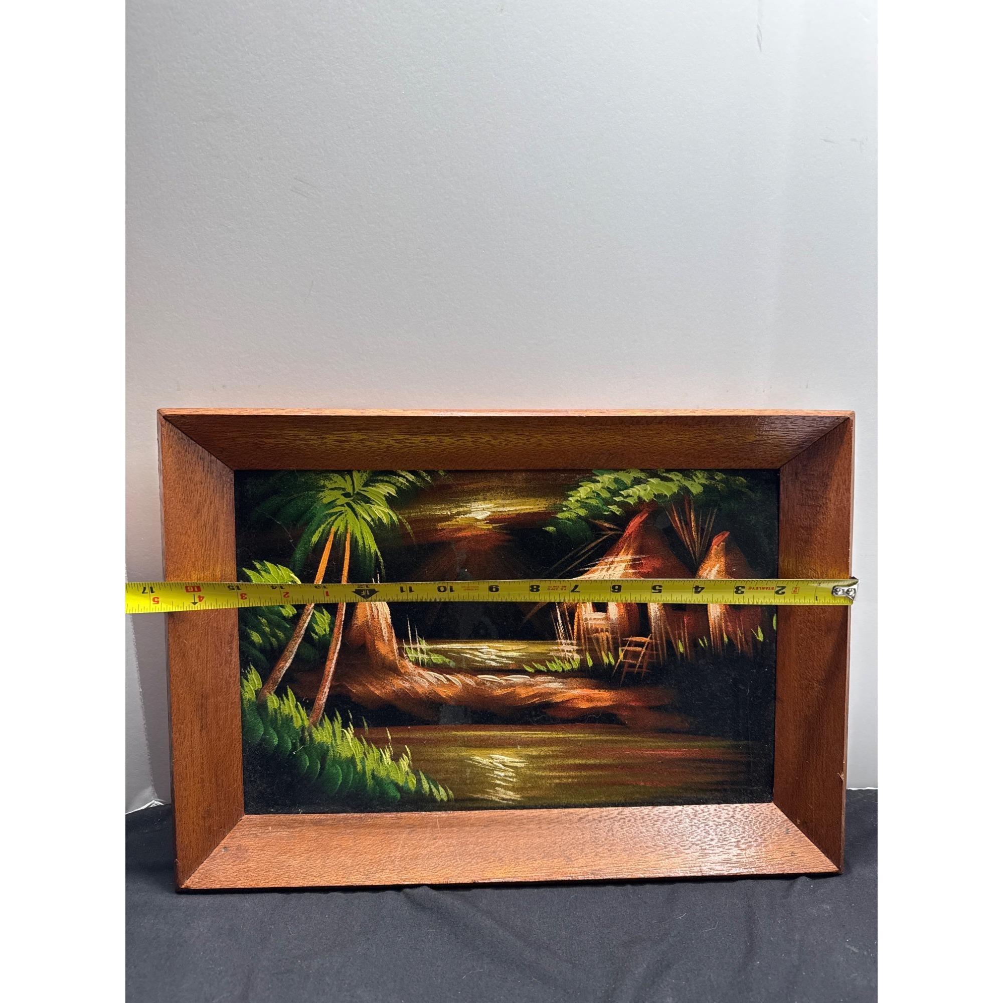 アメリカン50'sミッドセンチュリーハワイアントロピカル風景画 バンブーフレーム Rustic MCM Tropical Island Landscape Oil Painting With Black