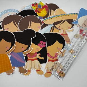 May include: A collection of die-cut paper character stickers featuring various figures in diverse outfits, including a hula dancer and a person in a sombrero, next to a clear plastic ruler measuring approximately 12 inches in length.