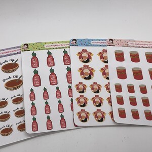 May include: Four sheets of stickers with different designs. One sheet features bowls of pozole with the text "Pozole Life." Another shows red hot sauce bottles with the text "Hot Sauce Saves Every Thing." The third has a portrait with the word "Chisma." The last has red cans with the text "Super Luca."