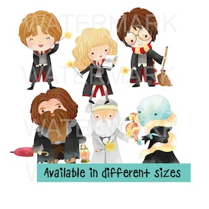 May include: Watercolor illustrations of characters from a fantasy series. The image features six characters, including a boy with glasses and a scarf, a girl with blonde hair, and a bearded man. The characters are wearing robes and holding wands.