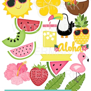 May include: A vibrant collection of summer illustrations. Features a smiling sun with sunglasses, a toucan, watermelon slices, a pineapple with sunglasses, a flamingo, and the word "Aloha". The text "Available in different sizes" is also present.