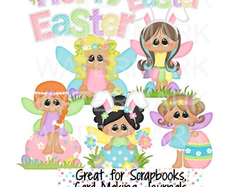 Huevos de Pascua alegres, conejitos, hadas, amigas, tema de álbum de recortes para adornos, pancartas, fiestas, invitaciones, decoración, creación de tarjetas, fiesta ID785