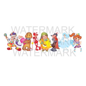 May include: A collection of colorful cartoon characters, including a king, gingerbread man, and princess, are depicted against a white background. The characters are dressed in vibrant costumes with various accessories, such as a scepter and a crown. The image has a whimsical and playful theme.