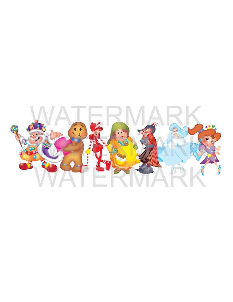 May include: A collection of colorful cartoon characters, including a king, gingerbread man, and princess, are depicted against a white background. The characters are dressed in vibrant costumes with various accessories, such as a scepter and a crown. The image has a whimsical and playful theme.